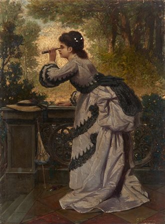 Giovanni Battista Crevatin "La curiosa" 
olio su tavola (cm 32x23,5)
firmato in