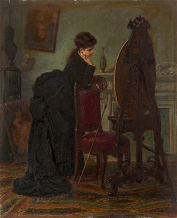 Giovanni Battista Crevatin "La pittrice" 
olio su cartone (cm 26x22)
firmato in