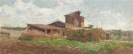 Adolfo Tommasi "Cascina toscana" 
olio su tavoletta (cm 12x28)
firmato in basso