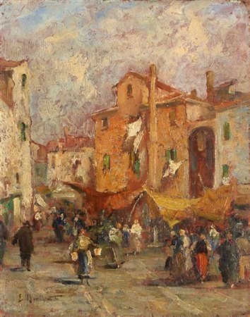 Eugenio Bonivento Coppia di scorci veneziani raffiguranti "Scene di mercato"olio