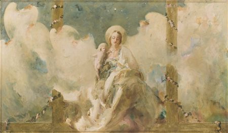 Mario Pobbiati "Madonna con Bambino e Angeli" 
olio su tela (cm 70x120)
firmato