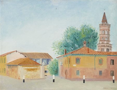 Umberto Lilloni "Chiaravalle, campanile e trattoria San Bernardo" 1940
olio su t