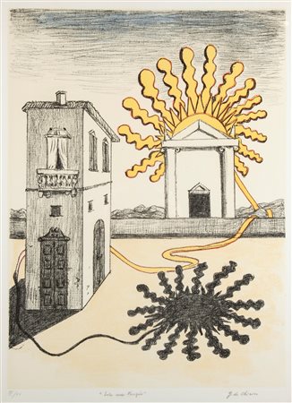 Giorgio De Chirico (Volo 1888-Roma 1978) Sole sul tempio Litografia cm...