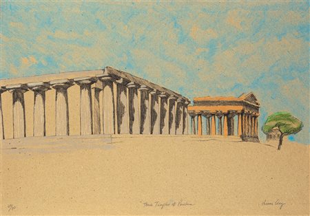 Thomas Corey (New York 1950) Three Temples at Paestum Litografia colorata a...