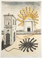 Giorgio De Chirico (Volo 1888-Roma 1978) Sole sul tempio Litografia cm...
