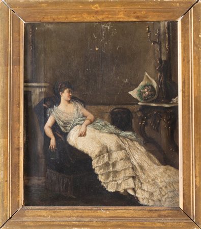 Pittore del XIX secolo. Figura femminile distesa su sofà in un interno.