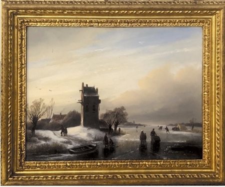 Jan Josef Spohler (Nederhorst den Berg 1811 – Amsterdam 1866). Paesaggio ghiacciato con fiume e personaggi.