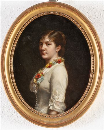 Pittore del XIX secolo. Ritratto di figura femminile in abito bianco e ghirlanda di fiori.