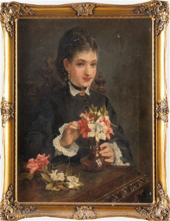 Pittore dei XIX secolo. Ritratto di fanciulla con vaso di fiori.