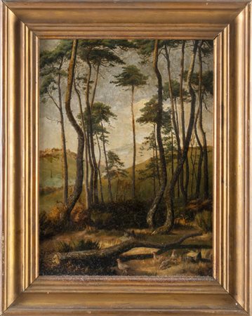 Pittore del XIX secolo. Paesaggio con alberi e fauna. 