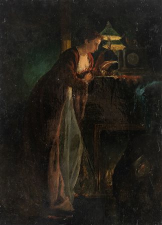 Maestro di fine Ottocento. Donna in piedi che legge al lume di candela.