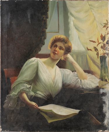 Pittore del XIX secolo. Ritratto di figura femminile seduta in un interno.