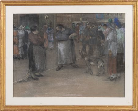 Pittore del XIX secolo. Scena di piazza con gendarmi.