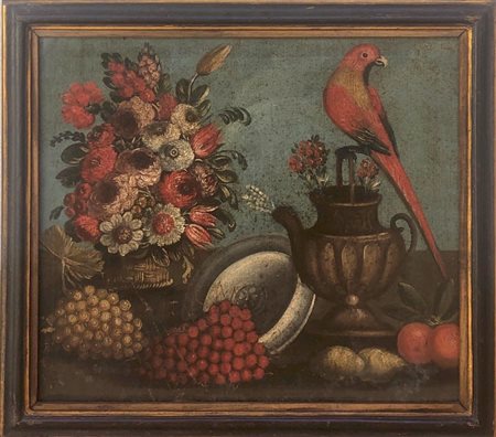 Maestro del XVII secolo. Natura morta con fiori, frutta e pappagallo.