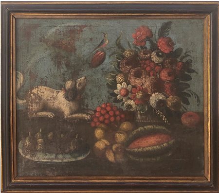 Maestro del XVII secolo. Natura morta con fiori, frutta e cane.