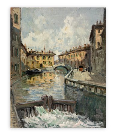 CIRANO CASTELFRANCHI (1912-1973) - Il Tombone di S. Marco al Laghetto, con il Ponte di Via Montebello. Milano Scomparsa nel 1928