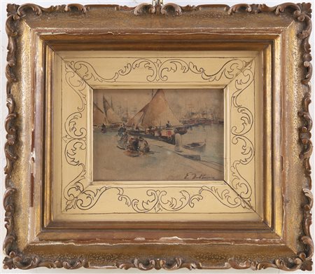 Eduardo Dalbono (Napoli 1841-1915) Figure al porto Acquerello su carta...