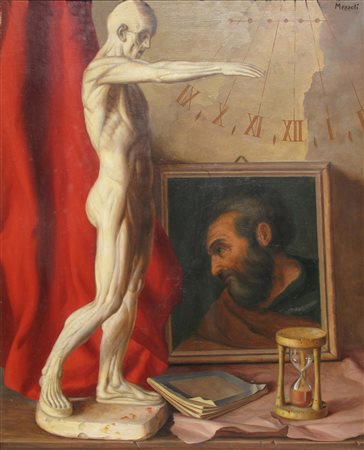 Olmedo Mezzoli (1908-1982) L’uomo e il tempo Olio su tela 50x40 cm