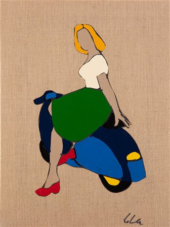 Marco Lodola (1955 Dorno) Pin up con vespa Smalto su tela di juta 80x60 cm