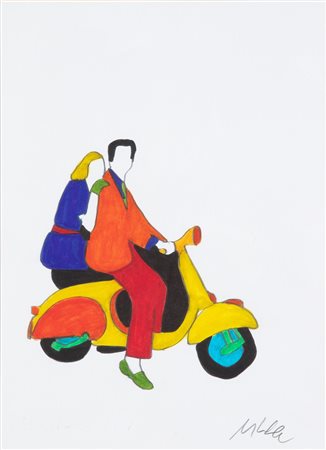 Marco Lodola (1955 Dorno) Coppia in vespa Tecnica mista su carta 33x24 cm