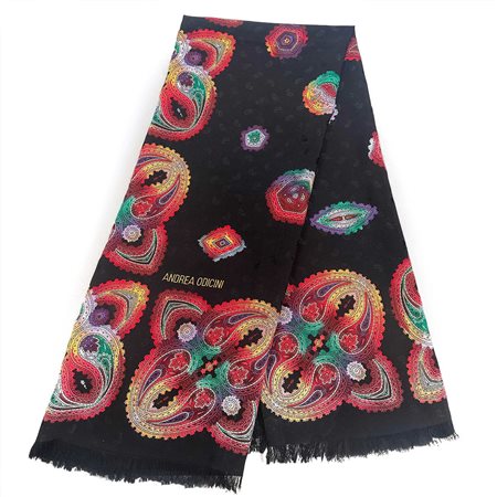 Andrea Odicini - Sciarpa Foulard in seta sfondo nero con motivi paisley colorati