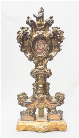 Reliquiario a ostensorio XVIII secolo 46 x 19 cm Lamina in argento 800. Base...
