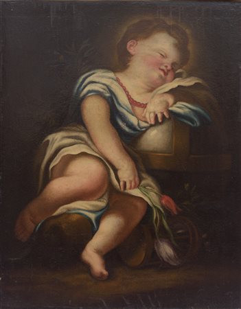 Putto dormiente con i simboli della Passione fine del XVII secolo olio su...