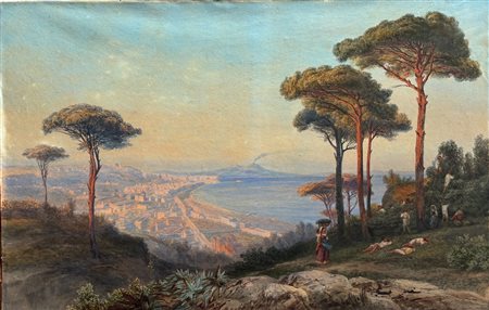 Pittore del XIX secolo - Veduta di Napoli da Posillipo con il Vesuvio in...