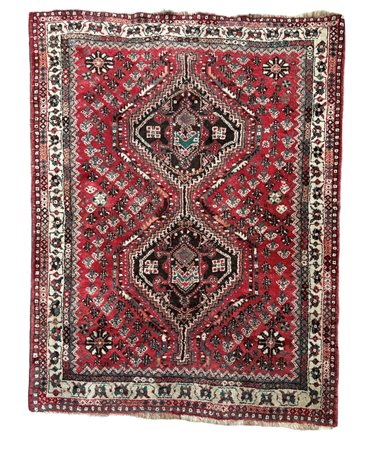 Tappeto Persiano Shiraz inizio XX secolo 202 x 150 cm a fondo rosso con due...