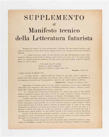 Filippo Tommaso Marinetti (Alessandria d’Egitto 1876-Bellagio 1944)  - Supplemento al Manifesto tecnico della Letteratura futurista, 1912