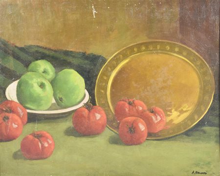 A. Balestri NATURA MORTA, 1956 olio su tavola, cm 40x50 firma sul retro:...