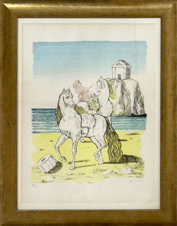 Giorgio De Chirico, Cavalli con tempio, 1974, litografia a 9 colori, 76x56...