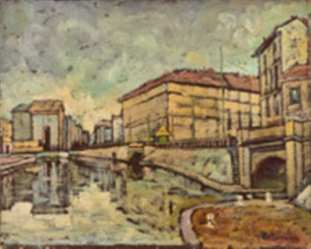 MARUSSIG PIETRO Trieste (TS) 1879 Darsena di Porta Ticinese 1934 Olio su tela...