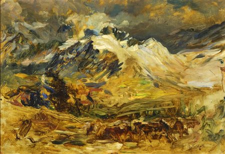 ALBERTO FALCHETTI<BR>Caluso (TO) 1878 - 1951<BR>"Paesaggio montano con mandria" e al retro in orizzontale "Schizzo per studio di un ritratto", anni '20