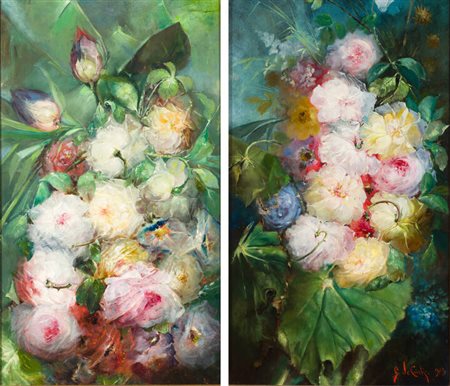 GIAMBATTISTA DE CURTIS<BR>Napoli 1860-1926<BR>Lotto di due quadri raffiguranti "Fiori" 1903