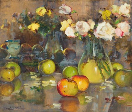 ANGELO MALINVERNI<BR>Torino 1877 - 1947<BR>"Natura morta con vaso di fiori e frutta"