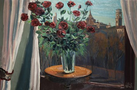 PIERO MONTI<BR>Torino 1910 - 1994<BR>"Vaso di rose con vista sulla Cappella della Sindone"