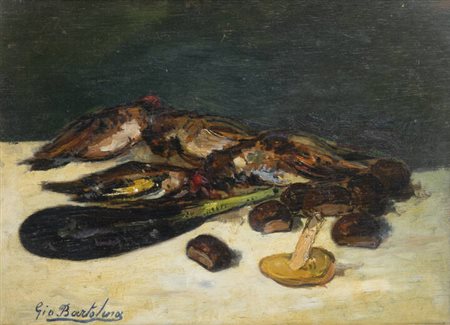 GIOVANNI BARTOLENA<BR>Livorno 1866 - 1942<BR>"Natura morta con uccelli e castagne"