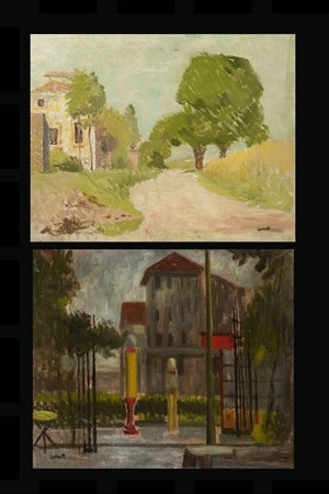 ATTILIO CORSETTI<BR>Feltre (BL) 1907 - 1978 Torino<BR>Lotto di due dipinti:<BR>A) "Strada di città"<BR>B) "Strada di campagna"