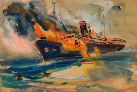 LUIGI SPAZZAPAN<BR>Gradisca d'Isonzo (GO) 1889 - 1958 Torino<BR>"Nave in fiamme" 1936