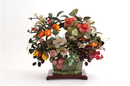 Basket of flowers and fruit in semi-precious stones