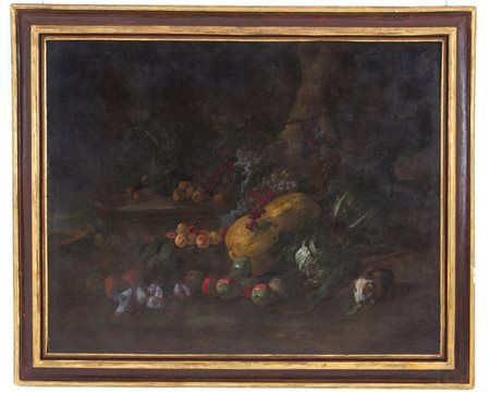 ANGELO MARIA ROSSI PSEUDO FARDELLA o PITTORE DI CARLO TORRE. Painting "OUTDOOR FRUITS AND VEGETABLES WITH A GUINEA PIG"