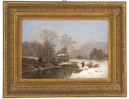 PROSPERO RICCA. Painting "WINTER LANDSCAPE WITH CHARACTERS"