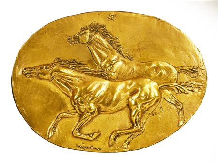 Francesco Messina CAVALLI bassorilievo su bronzo dorato ovale, cm 25x33 firma