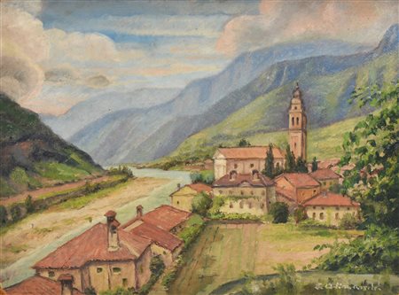 Enrico Allimandi SANTUARIO PIEMONTESE olio su cartone, cm 45x59 firma L'opera...