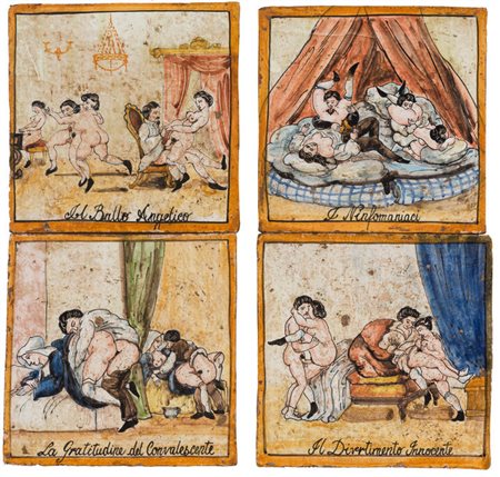 ANONIMO<BR>Lotto di 4 formelle di soggetto erotico, XVIII secolo<BR>A- "La Gratitudine del Convalescente"<BR>B- "Al Ballo Angelico"<BR>C- "I Ninfomaniaci"<BR>D- "Il Divertimento Innocente"