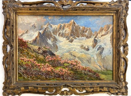 Lucia Crotti Monza 1877 - Torre Pellice (TO) 1960, Il monte bianco, fioritura di rododendri al Leuchoy