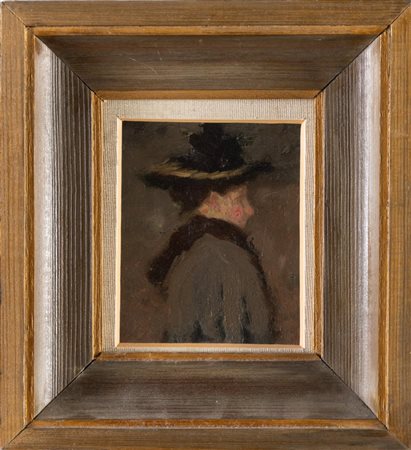 Pittore tra XIX e XX secolo. Ritratto femminile di profilo con cappello.
