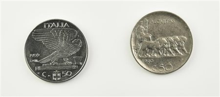 Lotto di due monete: 50 centesimi impero Vittorio Emanuele III, Acmonital,...