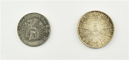 Lotto di due monete: 2 scellini, Austria, argento 640/1000, 1928 Materiale:...